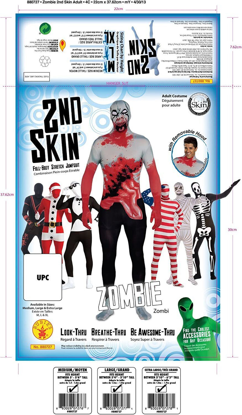 Adult 2nd Skin Zombie Body Suit Halloween Horror Party Fancy Dress Costume XL