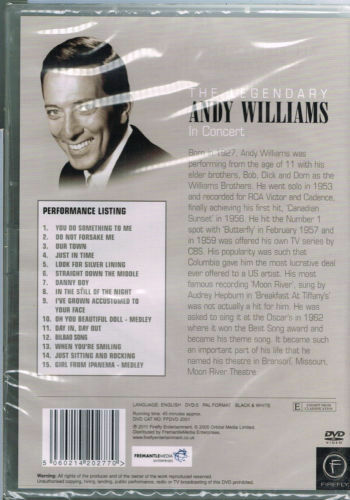 The Legendary Andy Williams in Concert DVD LIVE Greatest hits UK Gift Idea NEW